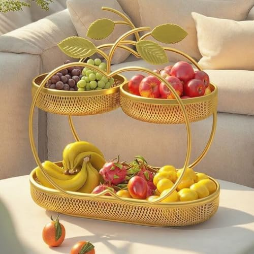 JUNYFFF 3-Tier Fruit Bowl Large Basket, Keeps Fruits & Vegetables Fresh, Vintage Style Stand, Gold Countertop Metal Bowls for Kitchen (32 X 20 X 40Cm)