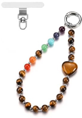 PiercingJak Handykette aus Naturstein Chakra Tigerauge Bergkristall Obsidian echte Steine, Handmade kurzer Handyanhänger mit Perlen, Beaded Handyband Phone Charm mit passgenauer Lasche