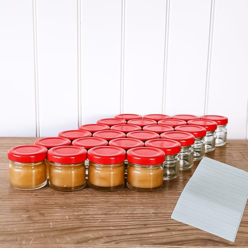 OOPS TOYS 24er Set Einmachgläser 30 ml Mini mit Deckel Rot - Marmeladengläser mit Schraubdeckel - Mini Einweckgläser mit Etiketten - Kleine Gläser, Marmeladengläser (Rot, 24 Stück)