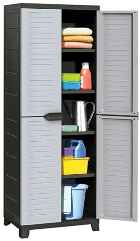 Zeehear Armario de plástico de 65 x 45 x 181 cm, color gris, con 2 puertas y 5 estantes ajustables, con cerradura, ideal para garaje, oficina, trastero, armario de almacenamiento versátil