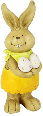 Osterhase Mädchen Figur 46 cm – Deko Hase aus Magnesia – Osterdekoration stehend – Hasenfigur Frühling Ostern Innen & Außen – gelbes Kleid mit Ostereiern