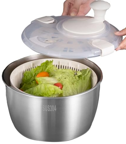Lavatrice per lattuga e centrifuga, centrifuga per insalata, in acciaio inox, con manico girevole, per lavare e asciugare frutta e verdura