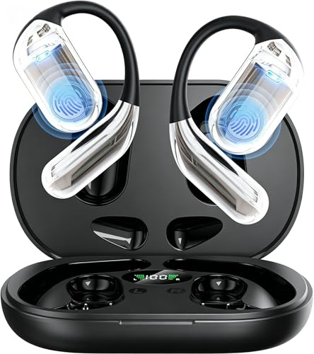 Open Ear Kopfhörer 50 Std Bluetooth 6.1 KI Kopfhörer 1 std Schnellladung Kabellos HiFi Kopfhörer mit Flexiblem Ohrhaken 4 ENC Mic Doppel LED Ladebox Smart Touch Over On Ear Ohrhörer für Sport Running