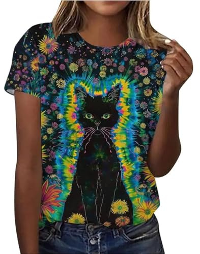 T-shirt batik à manches courtes pour femme avec motif animal, motif chat, vache et girafe, chemisier tunique décontracté coupe ample pour adolescentes