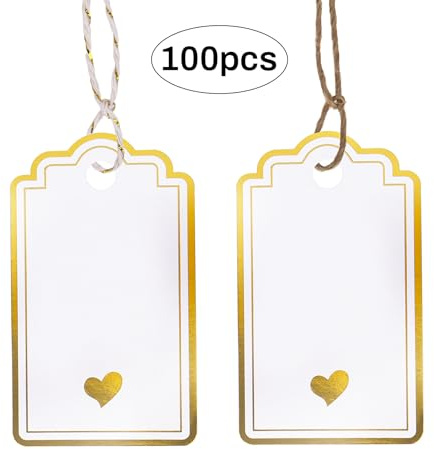 Dmnnlp 100 Stück Geschenkanhänger 5x9cm Papier Anhänger zum Beschriften mit Kordel, Herzförmiges Design Kärtchen zum Beschriften für Hochzeit Geburtstag Weihnachten (Gold)