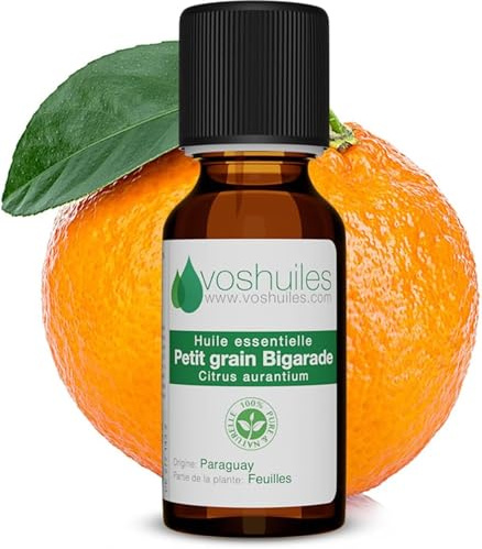 VOSHUILES - Huile Essentielle de Petit Grain Bigarade - Distillation de Feuilles de Bigaradier - Flacon Verre Ambré avec Bouchon Sécurité et Compte-Gouttes - 10ml