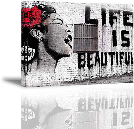 Piy Painting Banksy Graffiti Art Décor Impression sur toile Image Peinture Tableaux de la Mur Imperméable prete à suspender Décoration moderne pour la salle chamber, La vie est belle 30x40cm