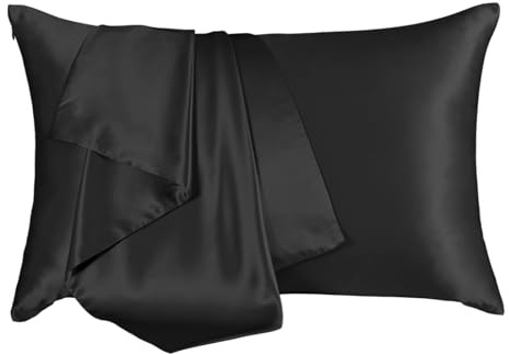 THXSILK 19 Momme Seide Kissenbezug Kissenhülle - Maulbeerseide Kopfkissenbezug - Hypoallergen mit Reißverschluss Seidenkissenbezug- Pure Seide auf beiden Seiten - Schwarz 40x80cm