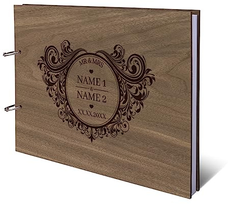 Hochzeit Gästebuch Nussbaum Holz Gravur individuell Holzcover mit 144 Naturpapier Innenseiten DIN A4 quer 302 x 215 mm - Vintage