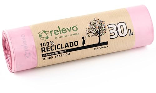 Relevo 30 Litre Scented Bin Liners – Pink Bin Bags. Made from 100% Recycled Material. Dimensions: 55 cm x 60 cm. Includes 15 units.