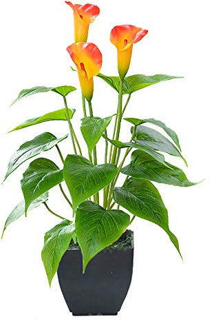 Künstliche Blume, Calla-Lilien, künstliche kleine Topfpflanze mit schwarzem Topf, künstliche Bonsai-Blume für Zuhause, Büro, Innen- und Außenbereich, Dekoration (orangefarbene Kunstblume)