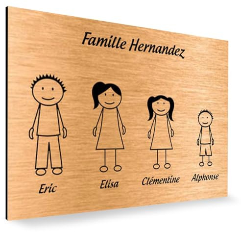 Plaque de maison Family personnalisée avec 4 membres pour boite aux lettres - Format 12x8 cm - Plaque Cuivre - Lettres noires