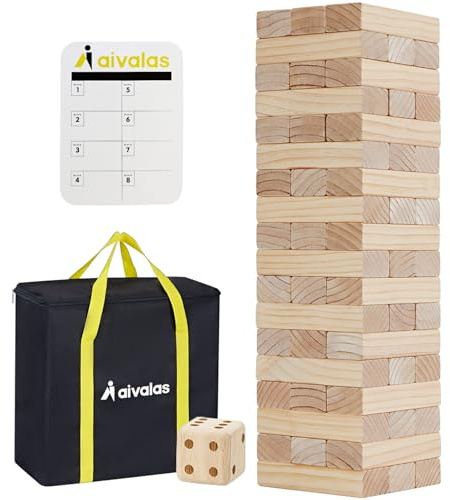Aivalas Giant Timber Blocks Games, 57 Blocks Large Tower Outdoor Games - Includes Carry Bag and Scoreboard, Wood Stacking Yard Games Grows from 2FT to Over 4.2FT for Kids Adults Family