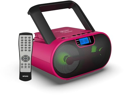 Riptunes Portable CD Player Boombox AM FM Radio, Bluetooth, USB, Aux-Input, MP3 CD Stereo Sound with Bass Boost, Party Lights, Headphone Jack, Backlit LCD Display, with Remote, Pink