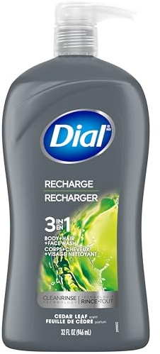 Dial Men 3 in 1 Body, Hair and Face Wash, Recharge, 32 Fl Oz, Cedar Leaf Scent, Cleanses Deep + Gentle on Skin with Clean Rinse Technology