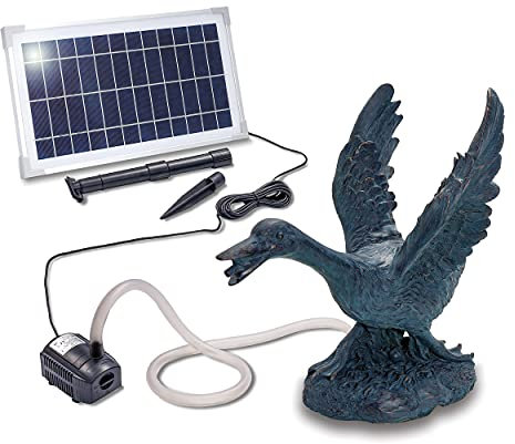 esotec Solar Wasserspeier Set Gans Gustav, Solarpumpe Teichfigur Gartenfigur Gartenstatue, Tauchpumpe, Gartenbrunnen, Springbrunnen außen outdoor, Vogeltränke H=46,5cm 101652