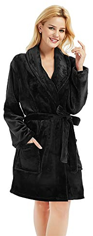 U2SKIIN Bademantel Damen kurz flauschig Plüsch weich warm Morgenmantel Damen leicht Bademäntel für Frauen (Schwarz, S/M)