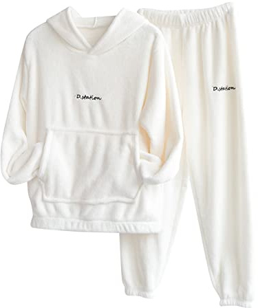HHMY Flanell Pyjama Set Flauschig Schlafanzug Hoodie Pullover Pyjamahosen Für Paare Lounge-Set Couple Matching Herren/Damen Winter Fleece Sweatshirt Jogginghose Zweiteiliger Pyjamaset, Weiß, L