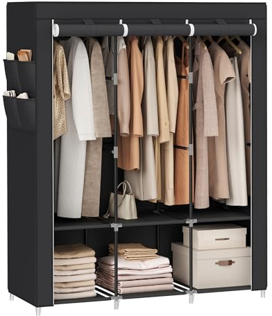 SONGMICS Clothes Wardrobe, Portable Closet with Cover, 130 x 45 x 167 cm, 3 Hanging Rails, Shelves, 4 Side Pockets, Large Capacity for Bedroom, Living Room, Black RYG092B02