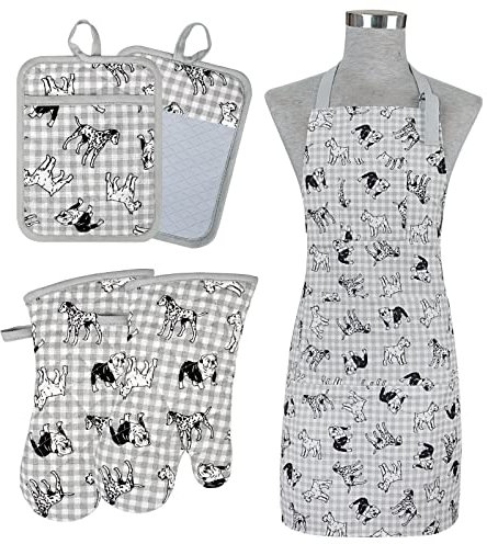 Alselo Ofenhandschuhe und Topflappen mit Kochschürze, 5 Stück, hitzebeständige Küchenhandschuhe und rutschfeste Silikon-Topflappen, Baumwolle, schönes Design zum Kochen (Hund)