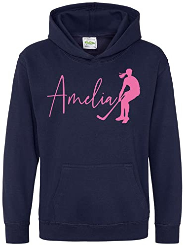 Purple Print House Personalised Silver Glitter Girls Hockey Hoodie, Girls Hockey Supporters Hoodie, Birthday Gifts for Daughter, Kids Ice Hockey Hoody, 9-11 Years, Navy