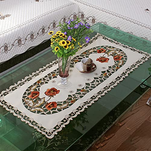 SPORTARC Bestickter Tischläufer, weiße rechteckige Tischdecke, Deckchen, bestickt, floral, kleine Tischdecke, Heimdekoration