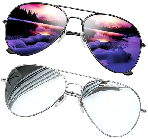 KANASTAL 2-Pack Stora Polariserade Solglasögon Herr Dam Spegelglas med Premium Metallbågar UV400 Skydd Matt Svart Bågar Svarta Glas och Silver Bågar Silverglas