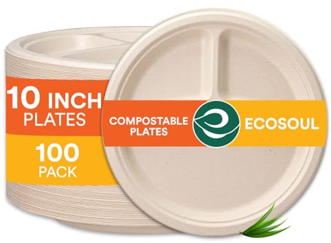 ECO SOUL Einweg-Bagasse-Teller(25cm) 10 rund 3-geteilt(100 Stück) | Nachhaltige Alternative, 100% kompostierbar, Extra stabildeal für den täglichen Gebrauch, Premium Qualität, 100er Pack