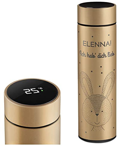 Maverton Thermosflasche mit Gravur 450 ml - Kaffeebecher mit LED-Touch-Anzeige - Thermobecher auslaufsicher 100% dicht - Travel Mug aus Edelstahl für Frauen - Farbe: gold - Hase