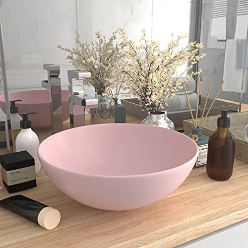 ZEYUAN Waschbecken, Aufsatzwaschbecken, Waschtisch, Aufsatzwaschtisch, Wash Basin, Badmöbel, Bathroom Sink, Keramik Mattrosa Rund