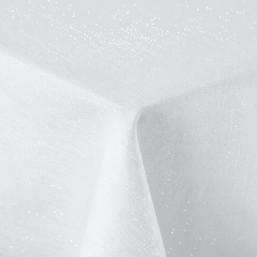 Spotjoy Glitzer Leinenoptik Tischdecke Abwaschbar Rechteckig 140 x 200 cm Tischtuch Lotuseffekt Wasserabweisend Tischwäsche Fleckabweisend - Weiß