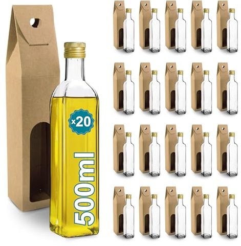 Espirito Rebelde 20 Botellas de Cristal 500ml con Tapón de Rosca Dorado + 20 Cajas - Aceite de Oliva, Vinagre, Alcohol, Salsas - Aceitera de Cristal