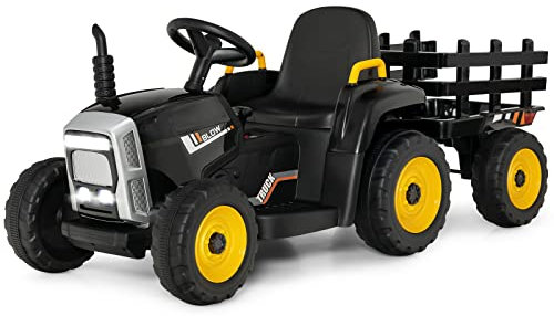 DREAMADE Traktor mit Abnehmbarem Anhänger, Elektrotraktor mit LED-Licht & Musik & Fernbedienung, Kindertraktor mit max. Tragfähigkeit von 30 kg, Aufsitztraktor für Kinder ab 3 Jahren (Schwarz)