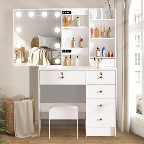 LIANWANG Schminktisch, Frisiertisch mit Spiegel und Beleuchtung für Make-up, 3 Farbtemperaturen und Helligkeit Einstellbar, 6 Schubladen, 1 Hocker und 6 Ablagen, Weiß