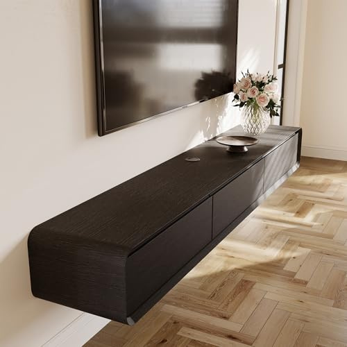 POVISON TV Schrank schwebend 200cm schwarz modern Walnussholz aus Massivholz mit 3 Schubladen, TV Lowboard hängend mit Kabelmanagement hochwertig, Komplettmöbel mit Stauraum für Wohnzimmer