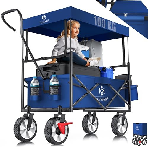 KESSER® Carro Plegable con Techo | Carrito de Jardín con 2 Bolsillos de Red y uno Exterior con Freno en la Rueda Delantera Ruedas de Goma | hasta 100 kg de Capacidad | Azul Marino