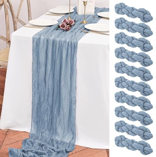 Teruntrue 10 Stück Tischläufer Blau für Hochzeiten, 55 x 300 cm | Weiche Polyester-Gaze in Käsetuch-Optik mit lockerem Faltenwurf für Boho-Tischdeko, Geburtstage, Partys und Hochzeitsbögen