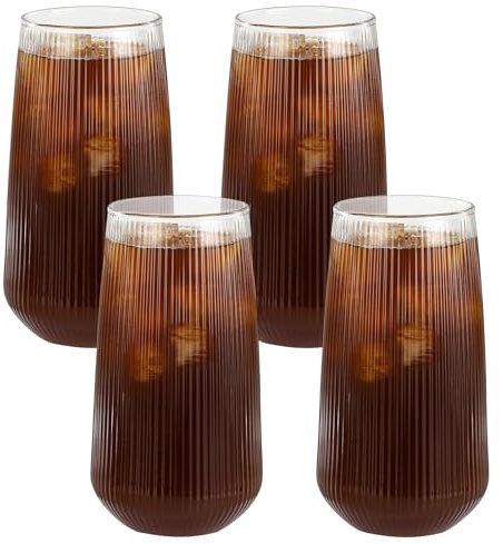 Auauraintt Latte macchiato bicchieri da caffè,500 ml, set da 4，Bicchieri da Tè in Vetro, Trasparente,a coste,per Tè, Caffè, Latte, Cappuccino, Espresso, Succo.