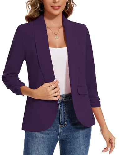 LADI TREND Women's Open Front Blazer 3/4 Ruched Sleeve Jacket Suit Plain Work Office Tops Coat Outerwear Flap Pockets