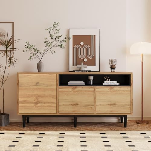 Modernes Sideboard aus Holz, elegante dekorative Schränke, luxuriöser minimalistischer TV-Schrank mit drei Türen und Regalen, perfekt für Wohnzimmer, Schlafzimmer, kleine Räume