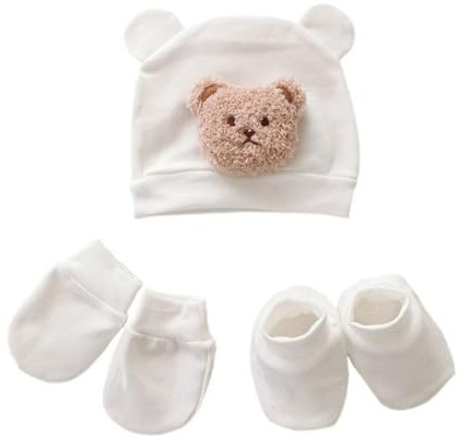 Hkfgdjdl Baby-Mütze für Neugeborene, Plüsch-Bär-Mütze und kratzfeste Handschuhe und Socken, einfarbig, Foto-Requisiten und Zubehör, Geschenk