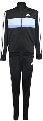 adidas Unisex - Bambini SEASONAL ESSENTIALS TIBERIO 3 STRIPES TRICOT TRACKSUIT, black/glow blue/blue fusion/white, 13-14 Years