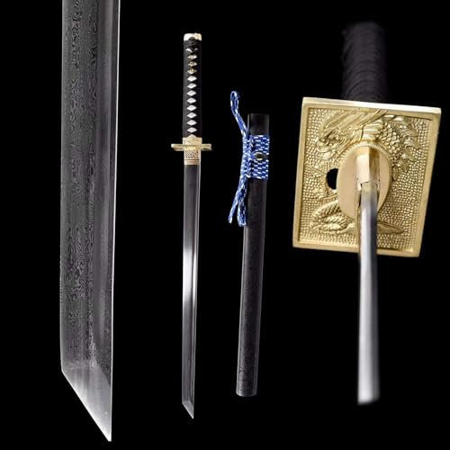 TIANTAO 78cm Katana, Musterstahl Klinge, Kupfer Handschutz, Holz Scheide, Schwarz, Schwert, Traditionell, Edelstahl, Beidhändig