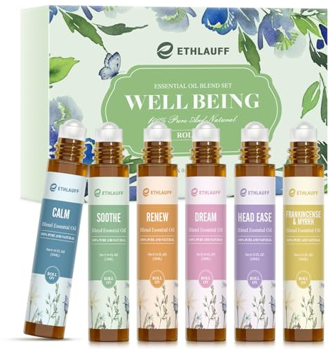 Ethlauff Essential Oil Roll On Set, (Calm,Renew,Dream,Head Relief), Aromatherapy Roll On Blends for Massage, Body Care & Home Use, Stress Relief Gift Men & Women