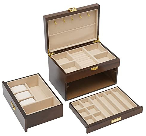 RUETERY 3 Ebenen Schmuckkästchen aus Holz, Schmuckkoffer Groß, Plüsch Futter, Schmuckschatulle mit Halskettenhaken, Schmuckaufbewahrung, für Sonnenbrillen, Uhren, Haarkarten, Ohrringe, Ringe