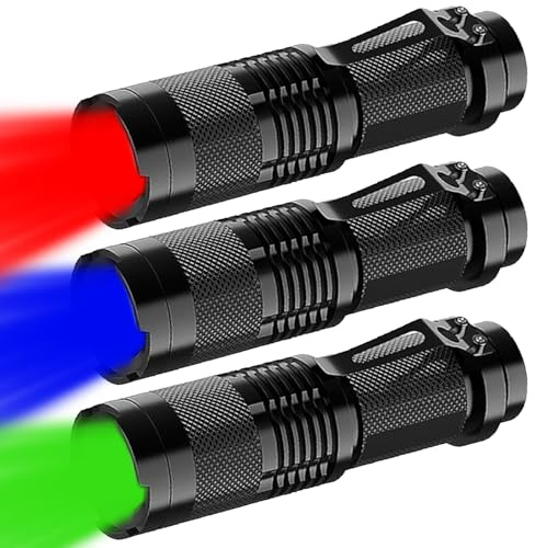 HYVCZP 3er-Pack Rot Grün Blau Licht LED-Taschenlampe, einstellbarer Fokus, 4 Leuchtmodi, superhell, wasserdicht, taschenfreundlich, kleine Taschenlampe für Stromausfall, Notfall, Camping, Wandern