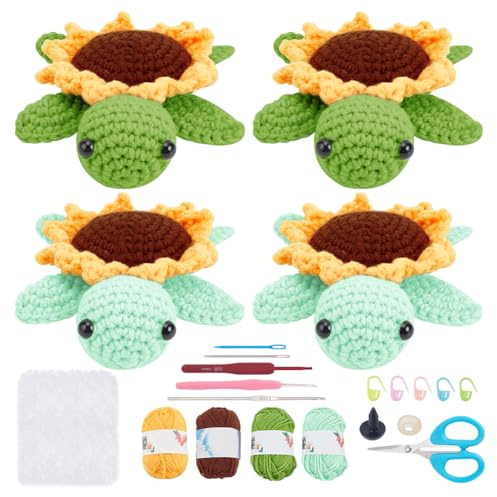FREEBLOSS 4 Set Häkelset Für Anfänger Häkelschildkröte Tiere Häkel Starter Set Für Erwachsene Häkelset Häkeln Lernen Mit Schritt Für Schritt Videoanleitungen