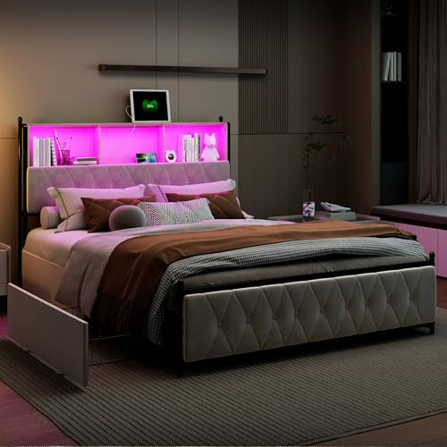 Polsterbett 180x200 cm Doppelbett mit 4 Stauraum Schubladen Kopfteil mit Stauraum und USB und Typ-C Ladefunktion Metallbett Jugendbett Bettgestell, Samtstoff,Ohne Matratze (180 x 200cm)