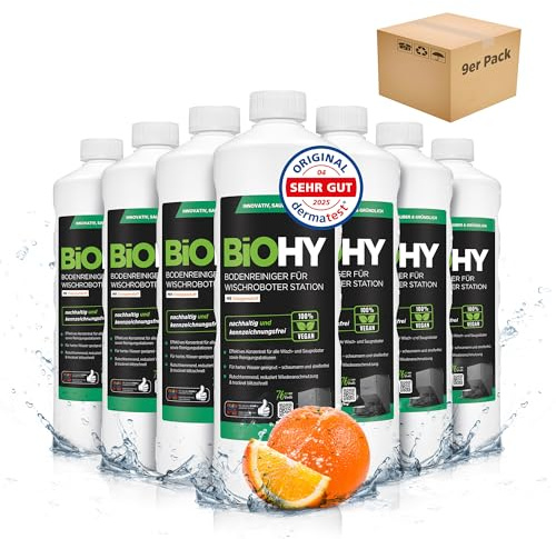 BiOHY Nettoyeur de sol pour robot laveur Station avec parfum orange (9 x 1 litre) | Nettoyant concentré pour tous les types de balai et robot aspirateur avec fonction humide | Faible mousse et sans