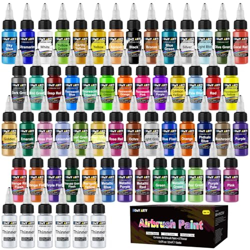 HOMY ARTY Airbrush Paint - 54 Colors with 6 Thinner | Ready to Spray Airbrush Paint Set, Water-Based Acrylic Air brush Paints for Metal, Plastic Models, Canvas, Wood - 60 Bottles